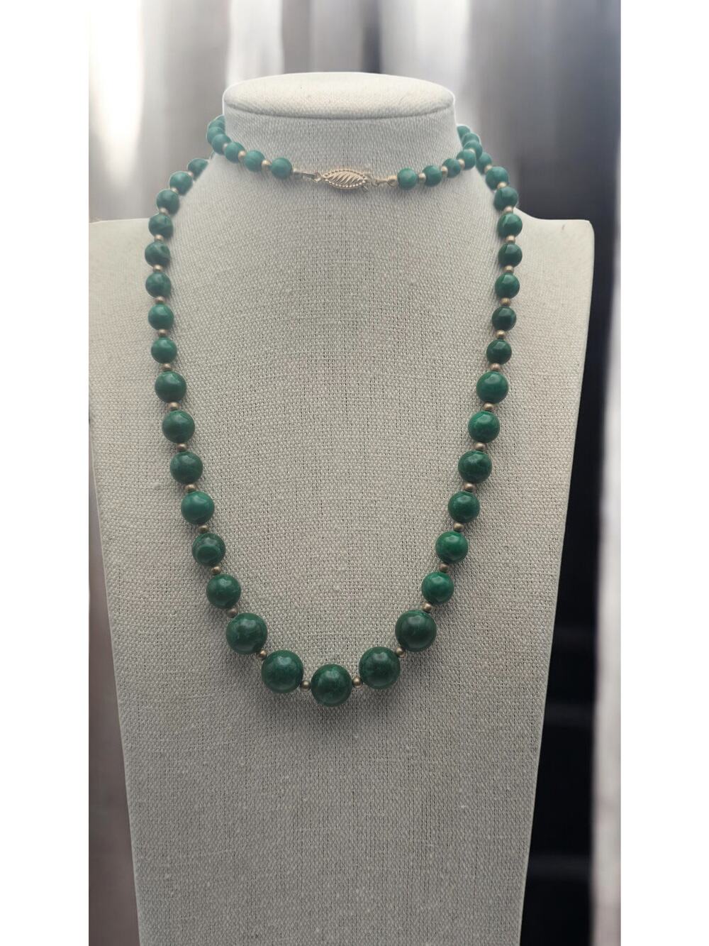 Green Stone Beaded Necklace 30” Long Strand Classic Clasp Earthy Luxe Statement